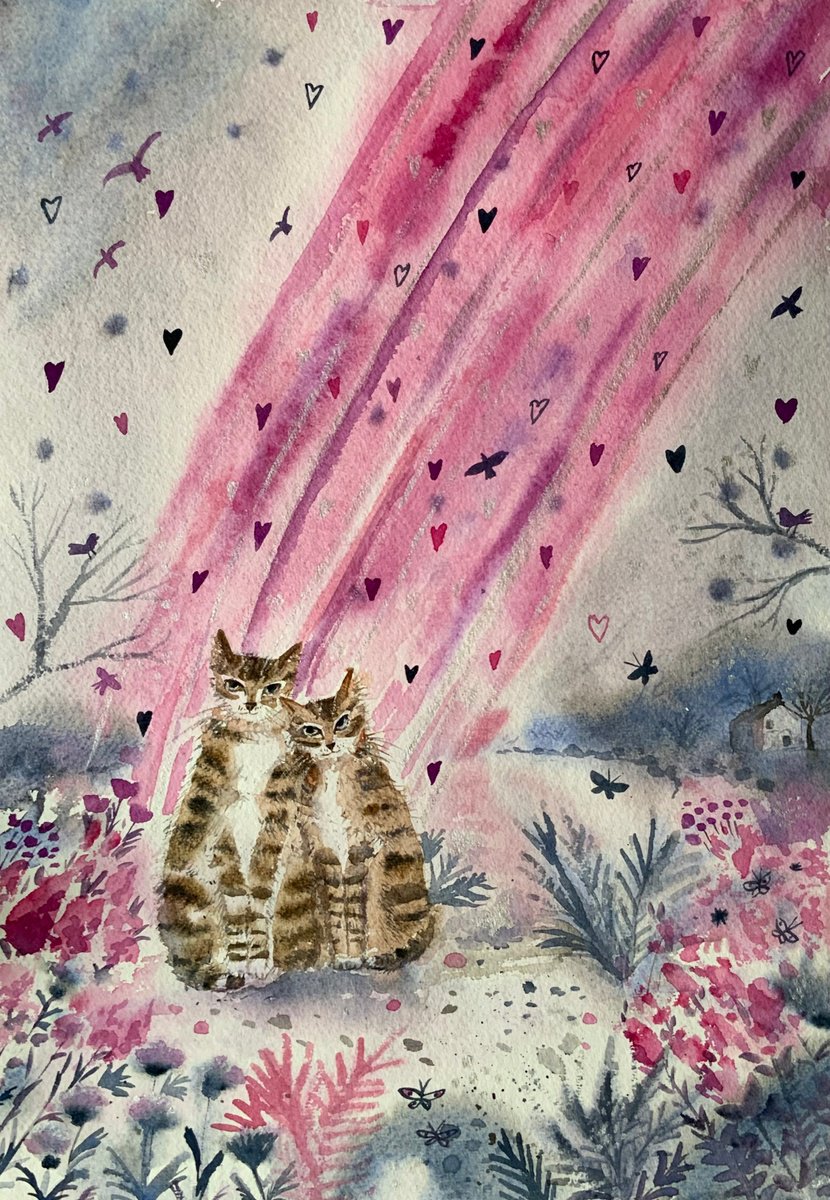 Impressionistic Animal Watercolour By Mary Stubberfield, 11 X 15", Cats In A Pink Rainbow, Original Artwork