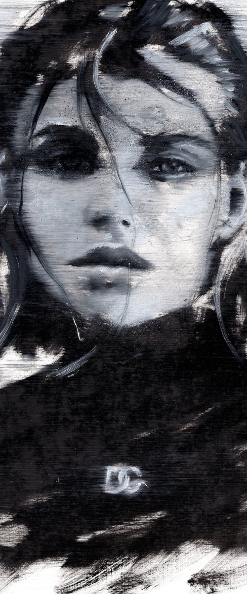 Emilia | Black and white woman portrait oil painting on paper | beautiful powerful lady face by Renske Karlien Hercules