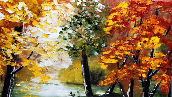 Autumn morning, original landscape with trees and leaves, gift