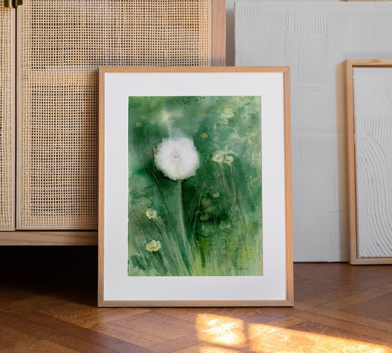 Watercolor dandelion field. 2