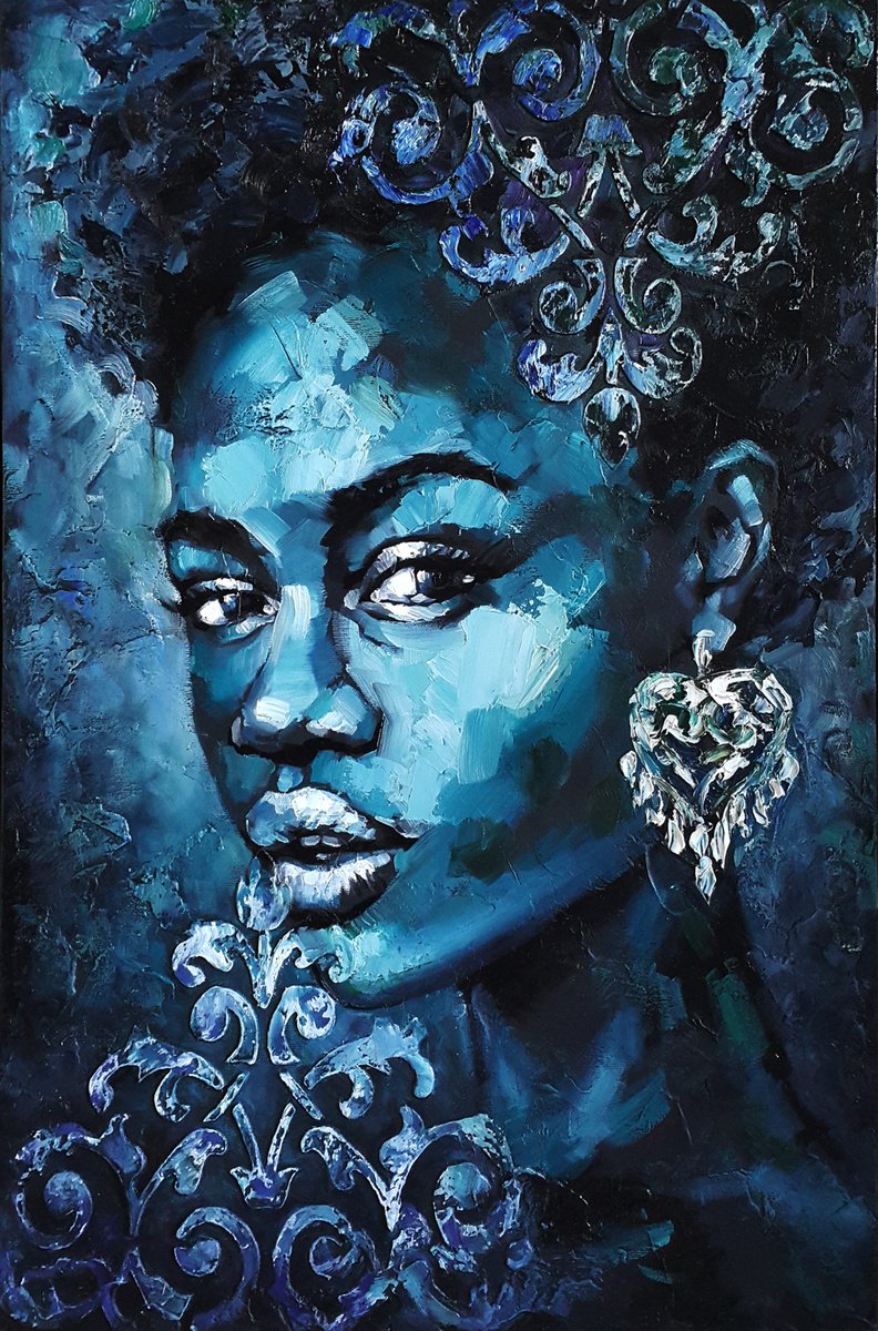 Expressive Portrait Oil Painting By Viktoria Lapteva, 18 X 28", African Night, Original Artwork