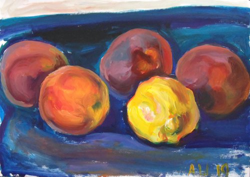 Lemon and Peaches. Acrylic on paper. 43x31 cm. by Alexander Shvyrkov