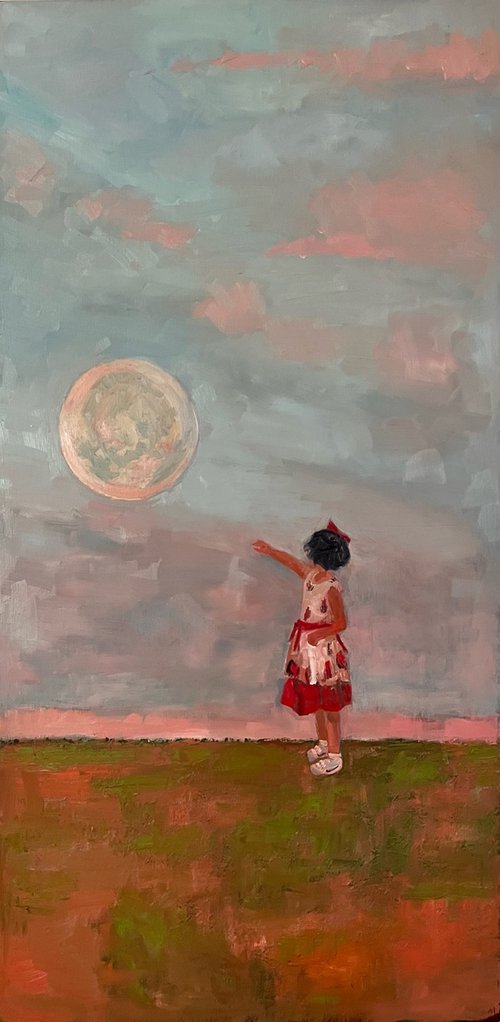 Touch the moon, oil, landscape painting by Padmaja Madhu