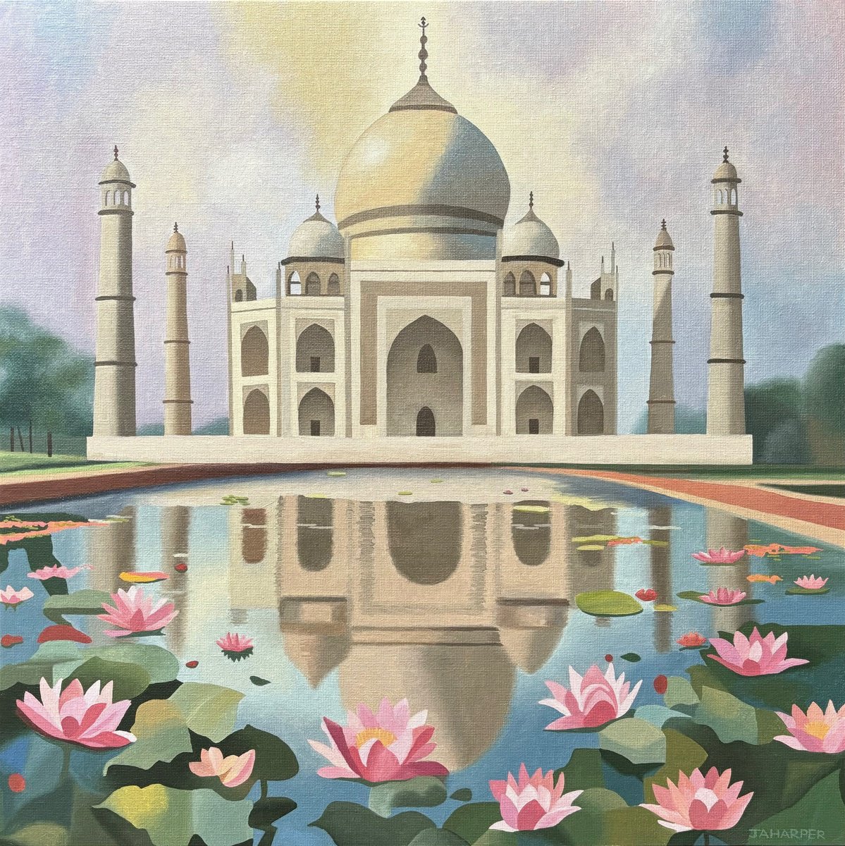 Surrealistic Cityscapes Oil Painting By Jill Ann Harper, 18 X 18, Taj Mahal With Lotus, Original Artwork