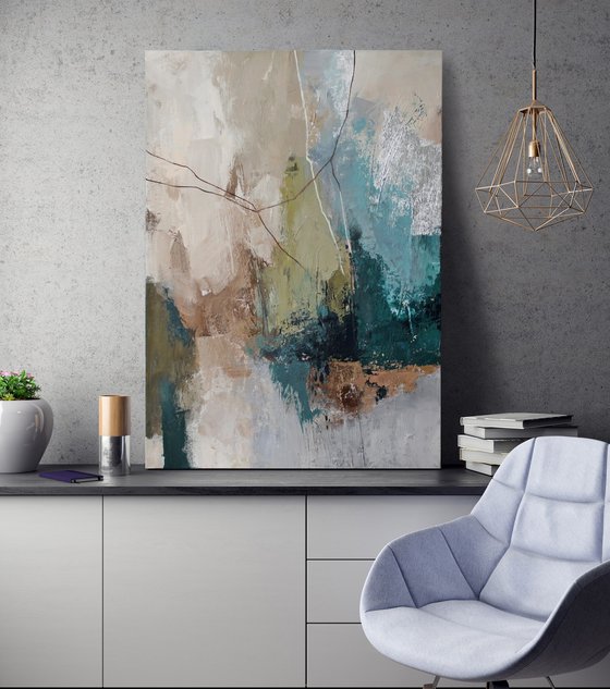 "Fall 3" Abstract acrylic teal green art