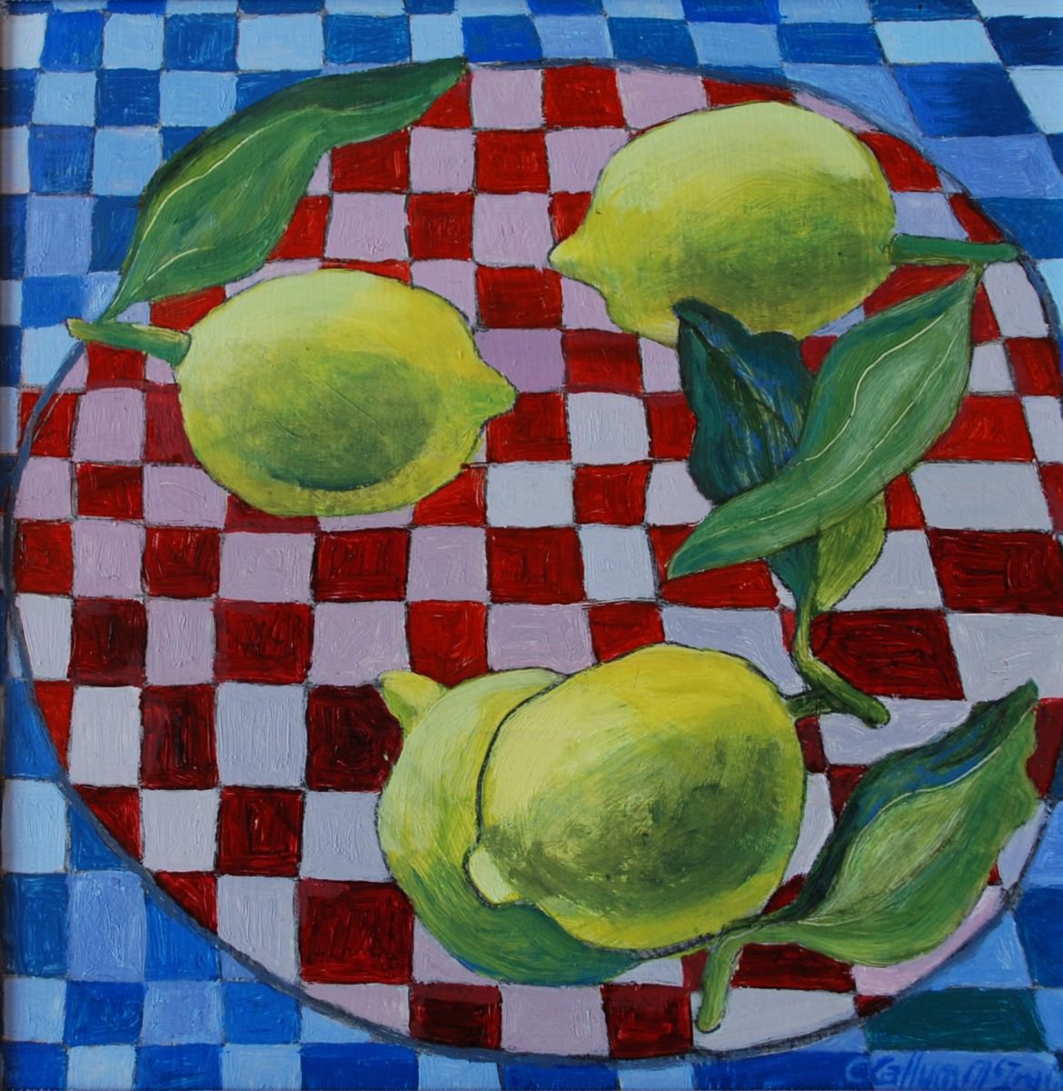 Graphic Still Life Painting By Christine Callum Mcinally, 13 X 13, Sicilian Lemons, Original Artwork