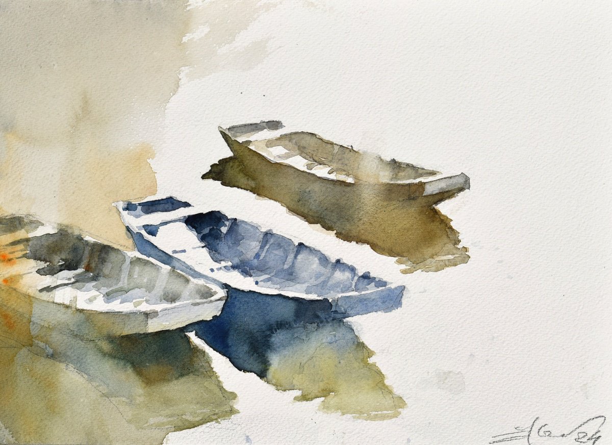 Boats on the river by Goran Zigolic Watercolors