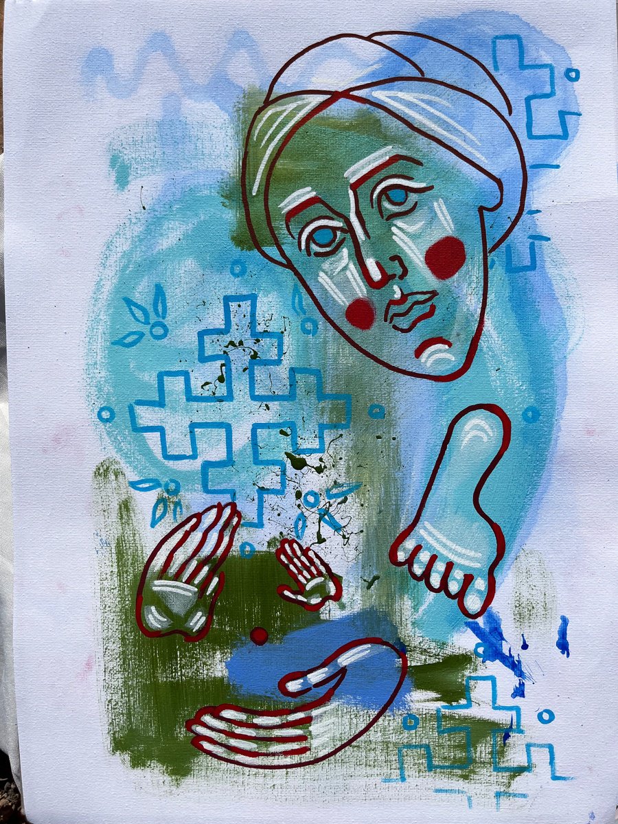 Naive Portrait Acrylic Painting By Yuliia Chaika, 12 X 16", Blue Portrait Painting, Original Artwork