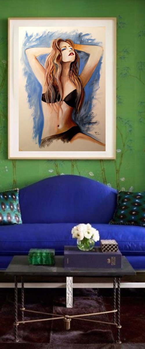 Blue eyeshadow- original oil on paper- modern nude figure- 42 x 59 cm (17' x 23 ') by Carlo Toma