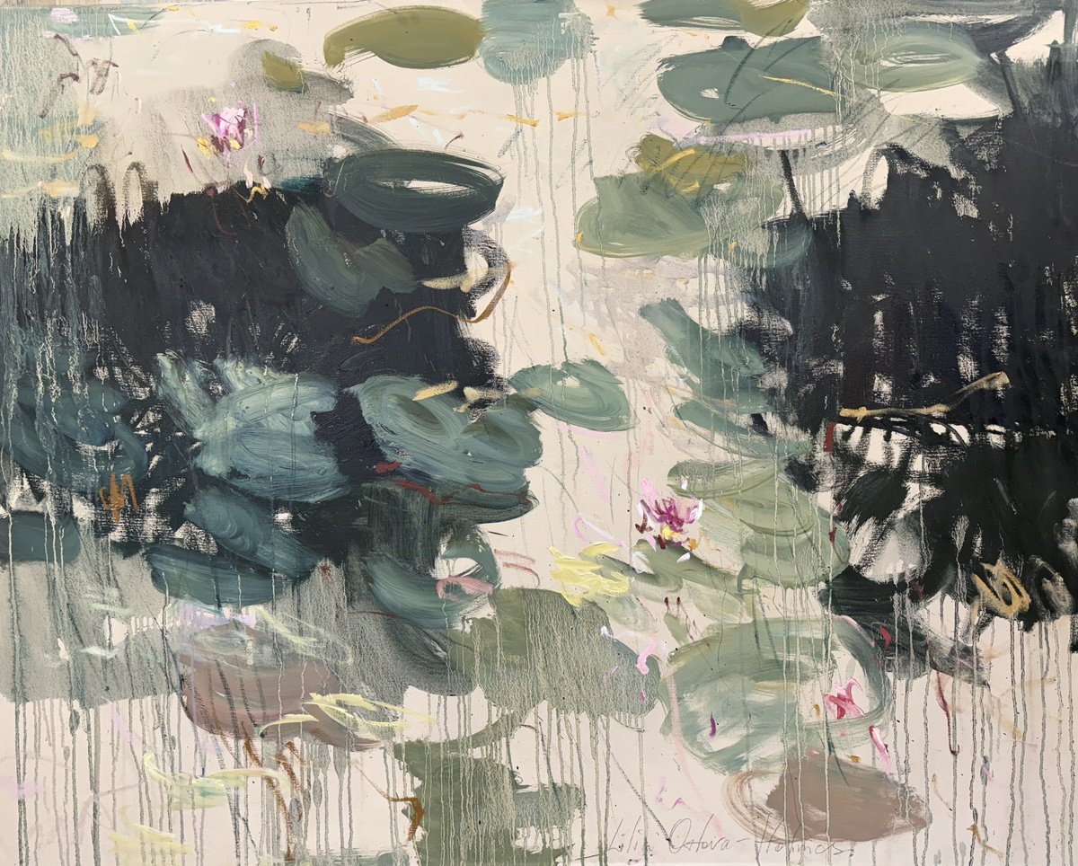 Expressive Abstract Oil Painting By Lilia Orlova-Holmes, 59 X 47", Lily Pond. Summer Reflections, Original Artwork
