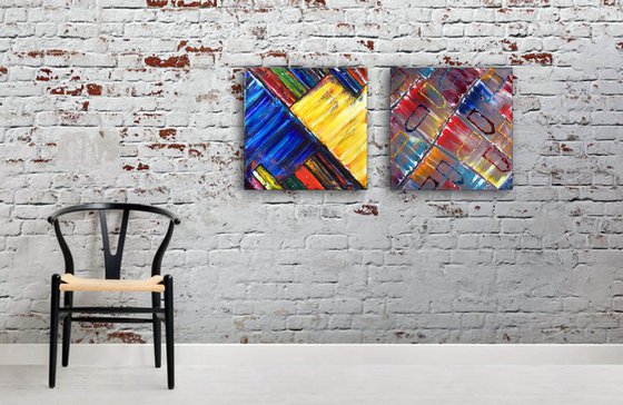 "Are We So Different?" - FREE USA SHIPPING - Save As A Series - Unique PMS Geometric Oil Painting Diptych On Canvas - 40" x 20"