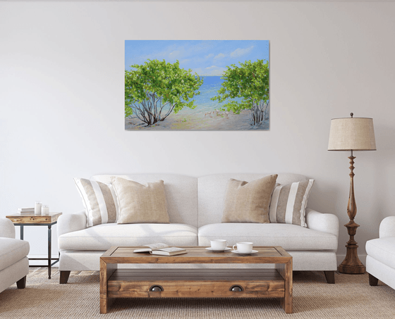 ENDLESS SUMMER. Tropical Island Seascape Painting of Florida Beach and Sea Birds.