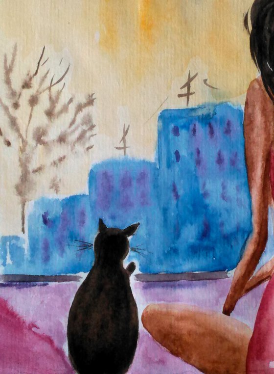 Quarantine Painting Pet Original Art Woman and Cat Artwork Spring Isolation Small Home Wall Art 12 by 8" by Halyna Kirichenko