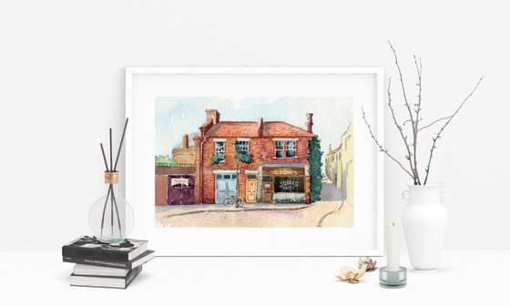 Cozy brick house in a provincial town. Original watercolor artwork.