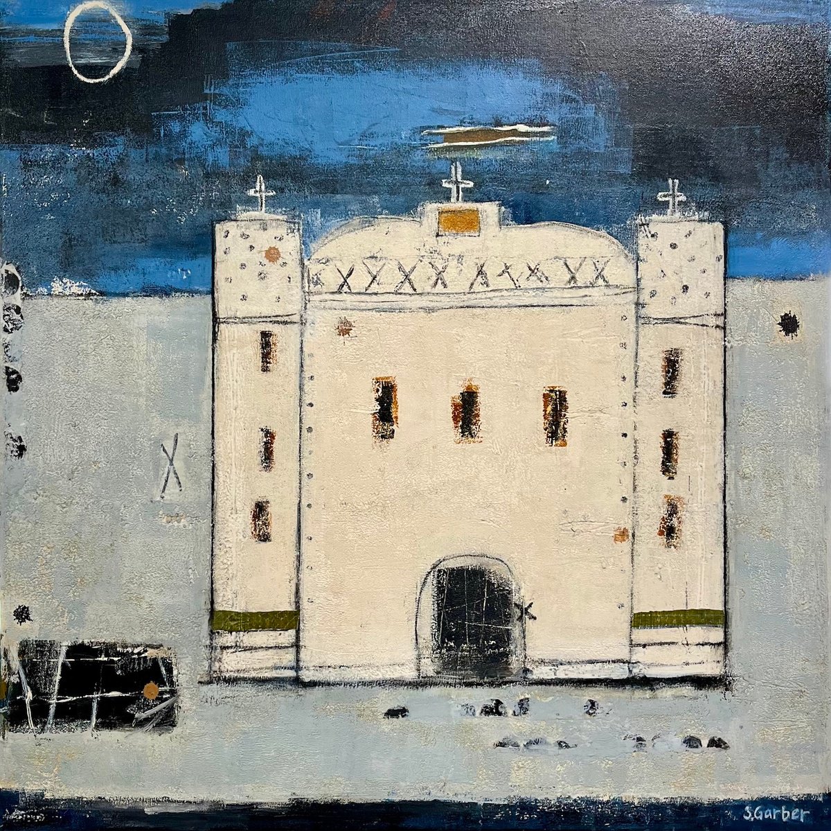 Geometric Cityscapes Acrylic Painting By Shellie Garber, 30 X 30", Midnight Oasis, Original Artwork