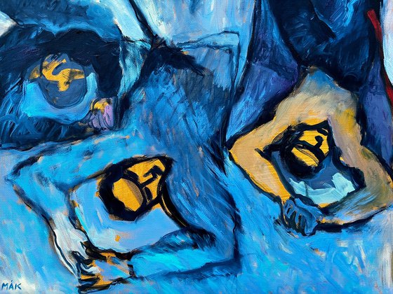 SWEET DREAMS - blue & grey figurative art, medium-sized painting