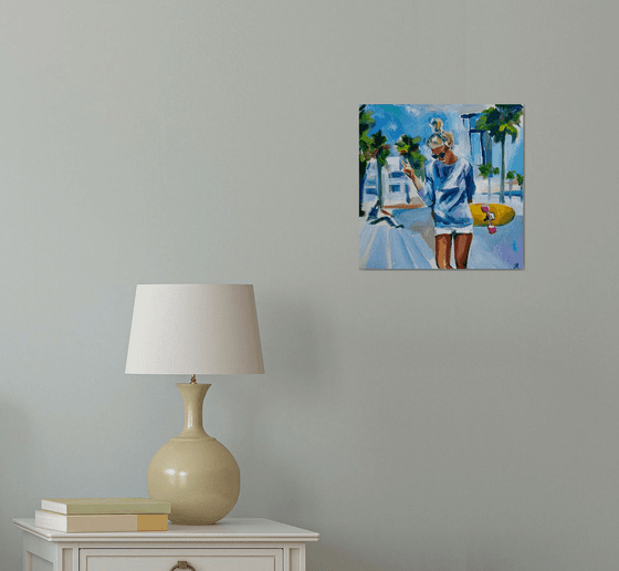 Summer Vibes - oil painting, original gift, summer, palm trees, skate, girl, city, blonde, office decor, home interior, wall art