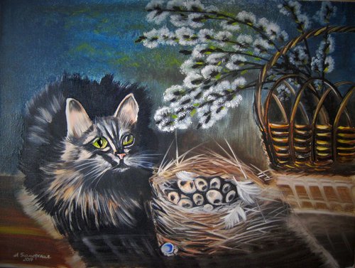 Easter Cat. Original Oil Painting on Canvas. 18"x 24". 46 x 61 cm. by Alexandra Tomorskaya/Caramel Art Gallery