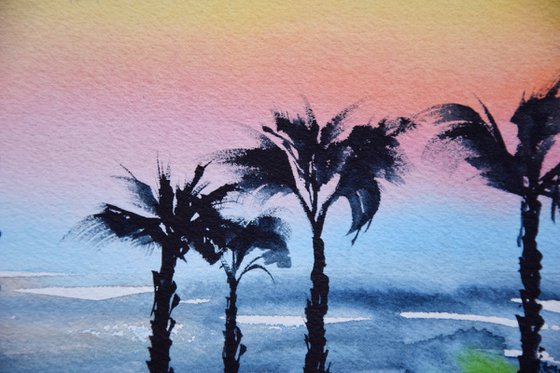 Palms Watercolour Painting, Sea Beach Original Art, Coastal Wall Decor