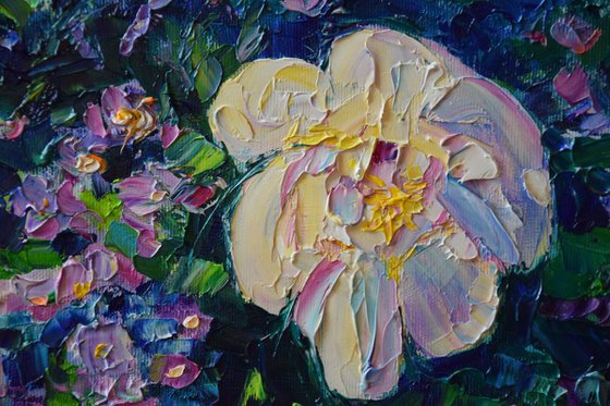 Flowers textured oil painting on canvas, Anemones with palette knife