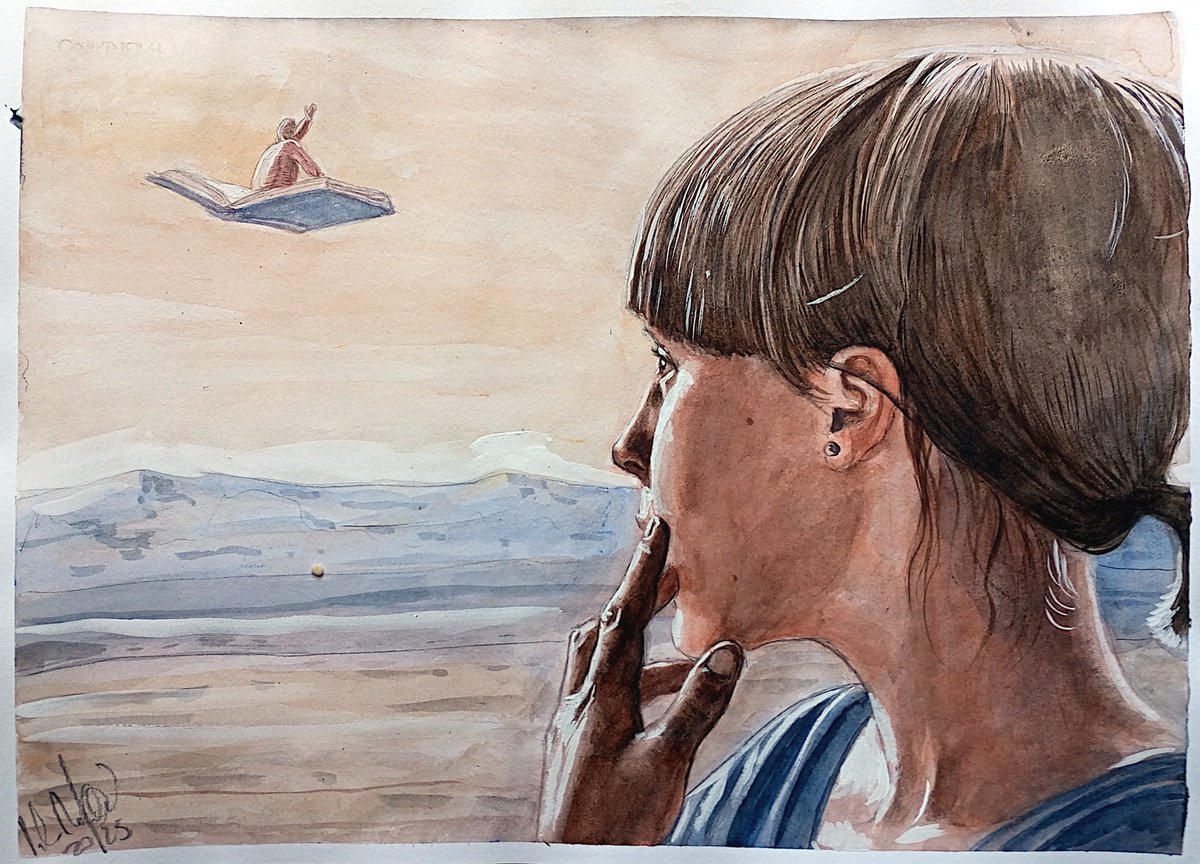 Illustrative Portrait Watercolour By Paolo Beneforti, 13 X 9", The Flying Book, Original Artwork