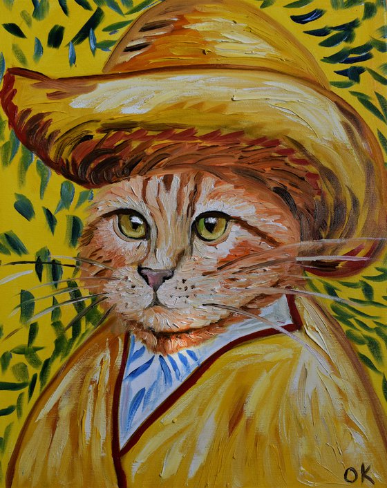 Handsome Cat Inspired by Van Gogh in a straw hat FELINE ART FOR CAT LOVERS