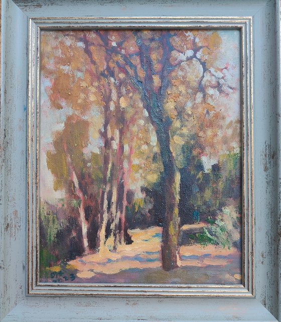 Original Oil Painting Wall Art Signed unframed Hand Made Jixiang Dong Canvas 25cm × 20cm Landscape Sunlight in the Woods Stuttgart Hills Small Impressionism Impasto