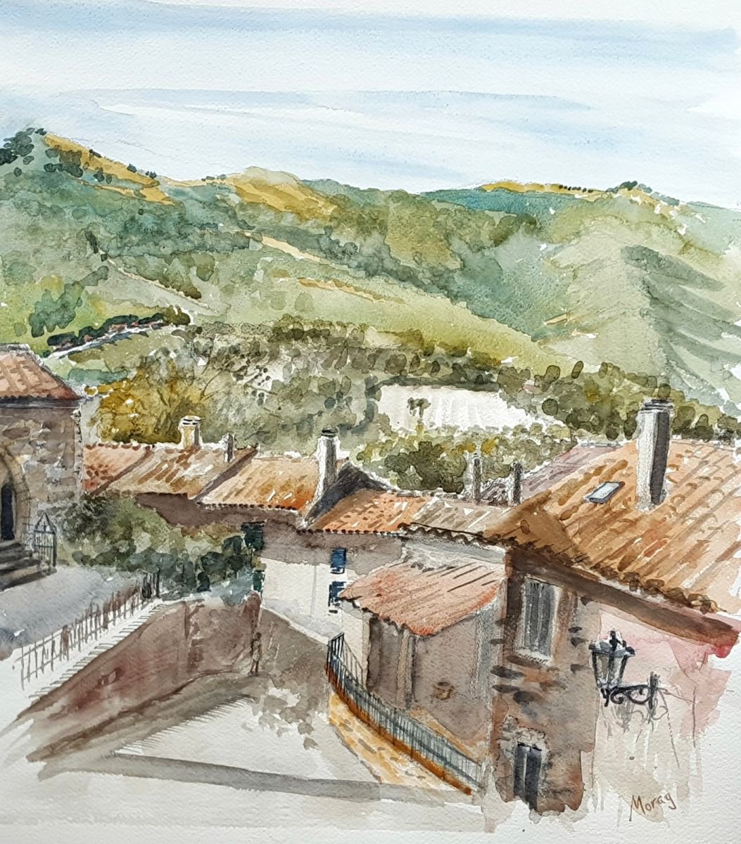 Impressionistic Landscape Watercolour By Morag Paul, 22 X 25", Over The Rooftops, Collamato, Original Artwork