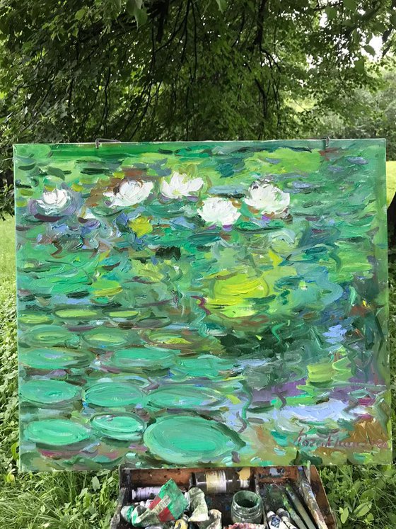 WATERLILY POND. LANDSCAPE - original oil painting, waterscape, plein air, summer, waterlily garden, love 70x60
