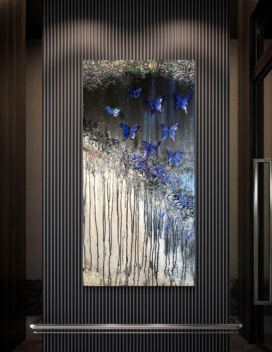 Abstract Animal Painting By Henrieta Angel, 24 X 48, Midnight Blues, Original Artwork