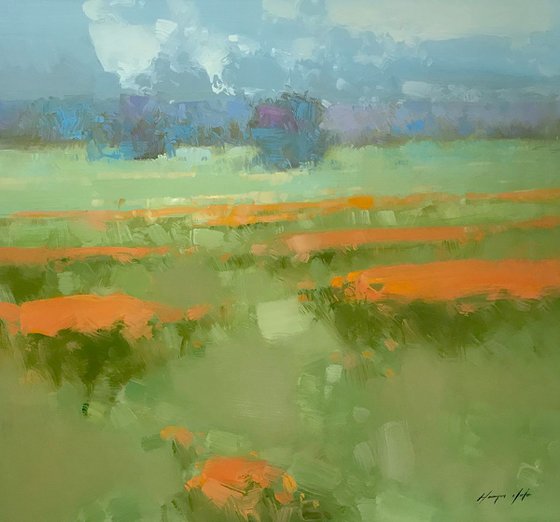 Meadow, Landscape oil painting, Handmade artwork,