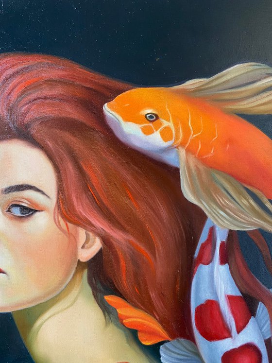 Portrait with koi fishes
