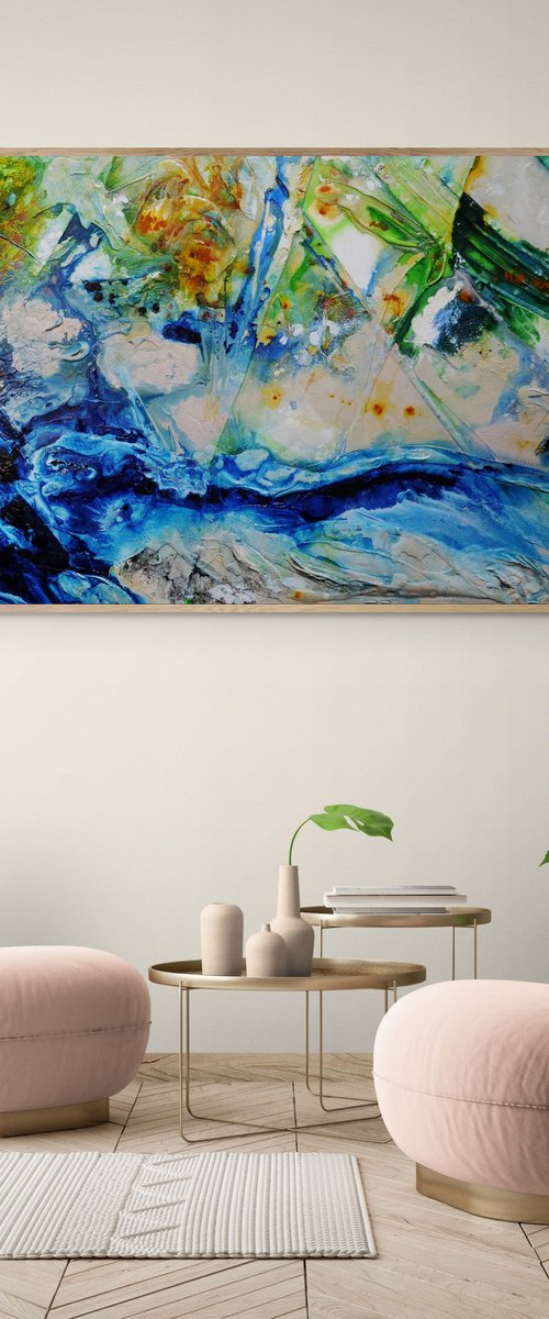The Natural 240cm x 100cm Green Blue Cream Textured Abstract Art by Franko
