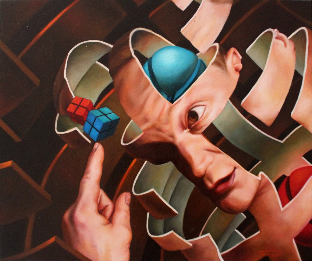 Surrealistic Portrait Oil Painting By Ivan Gejko, 24 X 20, The Vanishing Point, Original Artwork