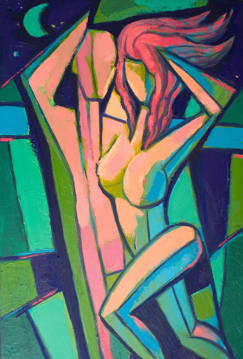Expressive Portrait Oil Painting By Rumen Sazdov, 24 X 35", Green Midnight With You, Original Artwork