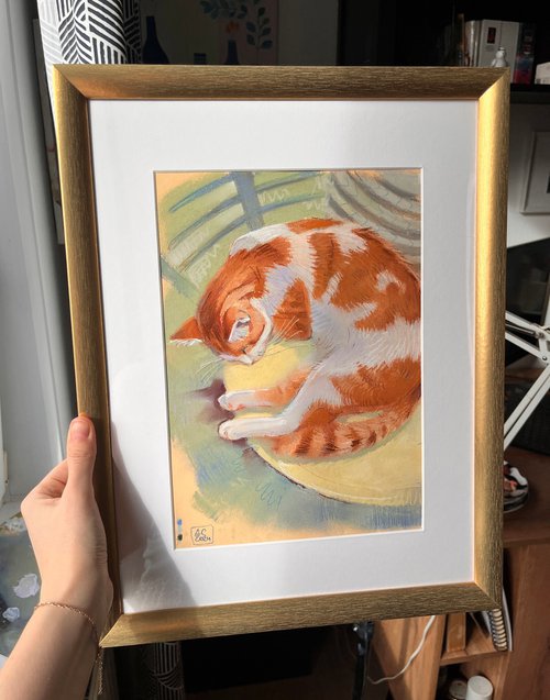 a sleeping ginger cat in a cafe by Alexandra Sergeeva