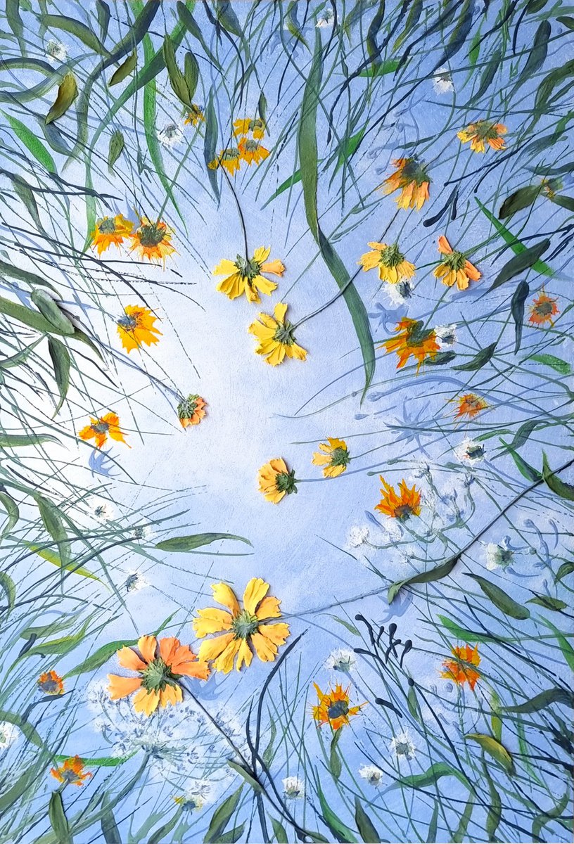 Expressive Landscape Painting By Irina Stepanova, 16 X 24, Under Gaillardia Flowers, Original Artwork