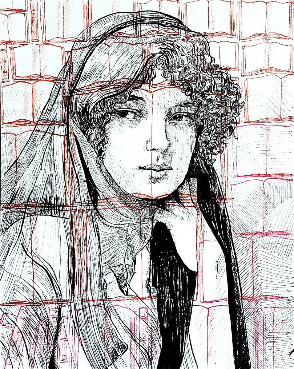 Illustrative Portrait Ink Drawing By Paolo Beneforti, 9 X 12", Woman With Red Books, Original Artwork