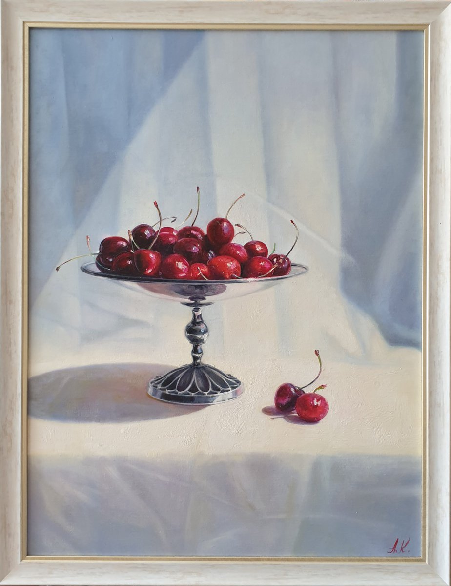 Wonderful cherry taste. still life summer plant cherries red liGHt original painting... by Anna Kotelnik