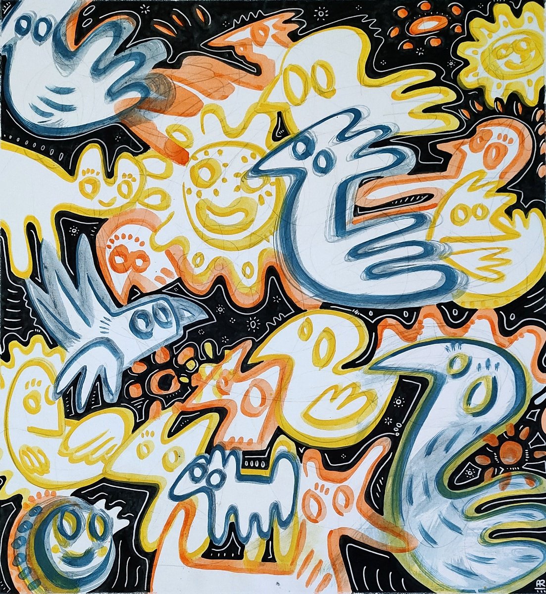 Expressive Animal Acrylic Painting By Angel Rivas, 35 X 38, Animal Paradise, Original Artwork