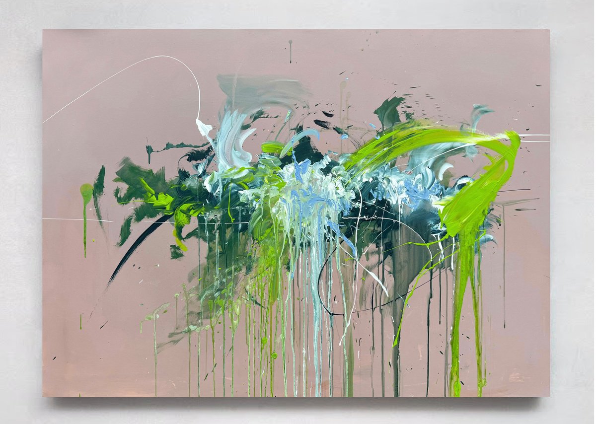 Abstract Acrylic Painting By Rosi Roys, 55 X 39", Flower Nude, Original Artwork