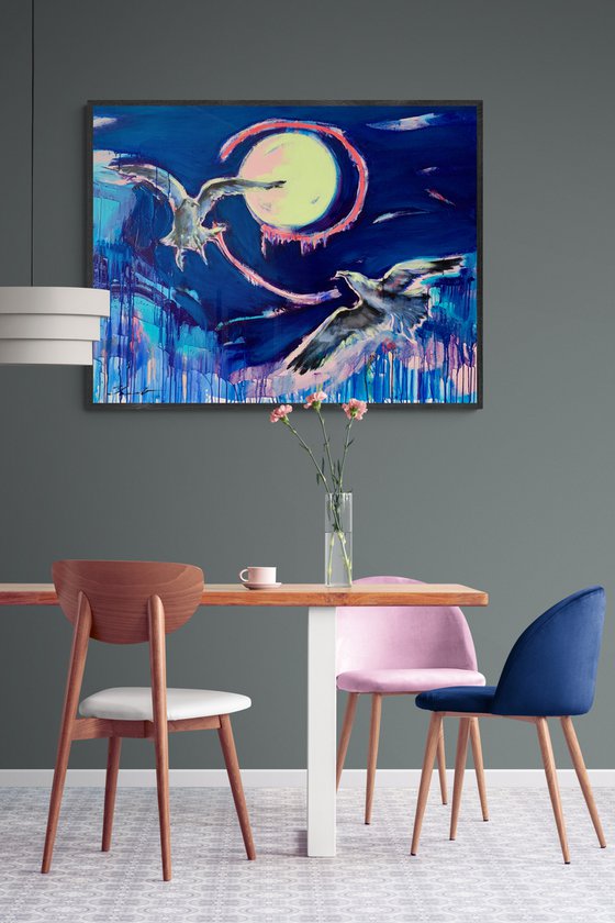 Bright big painting - "Moon light" - Pop Art - Birds - Seagull - 115x90cm