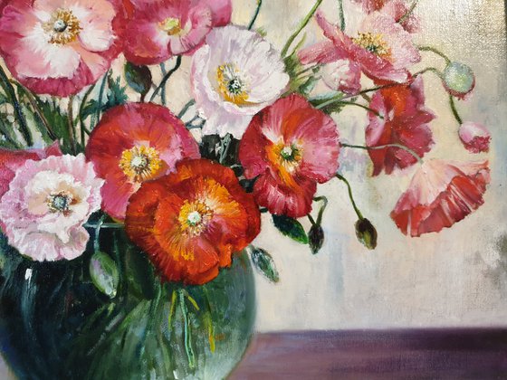 "Poppies in a green vase".   poppies still life flowers liGHt original painting  GIFT (2019)