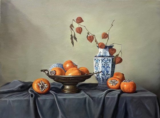 Still life:Persimmon beside Chinese vase