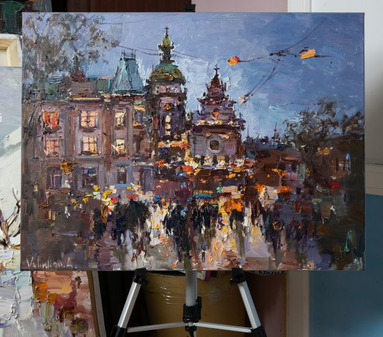 Lviv. Original oil painting evening city of Lviv, Ukraine, landscape painting