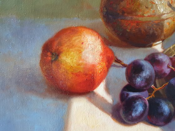 "Fruits and a small brass jug."  still life summer grape pear white liGHt original painting  GIFT (2020)