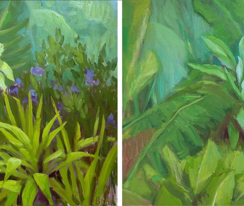 Green leaves white flower diptych by Anna Bogushevskaya