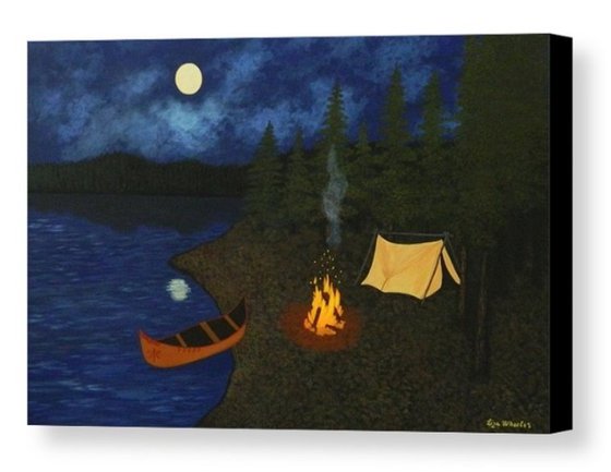 Under the Moonlight - nightscape campfire painting; home, office decor; gift ideas