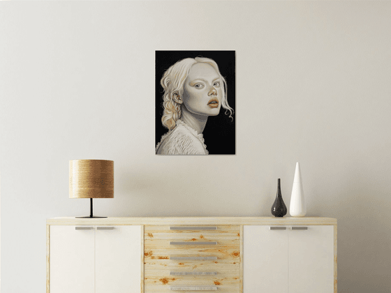 Albino girl in laсe dress
