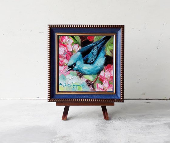 Turquoise honeycreeper bird on brunch blossom painting original 4x4, Bird and flower oil artwork gift for girl friend